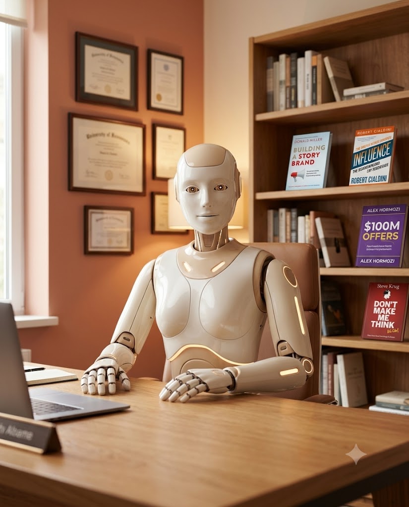A Claude robot mint profi marketinges az íróasztala mögött, diplomákkal a falon és szakkönyvekkel a polcon
