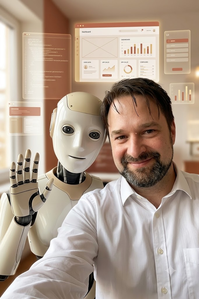 Attila szelfit készít a Claude robottal egy virtuális digitális munkatérben